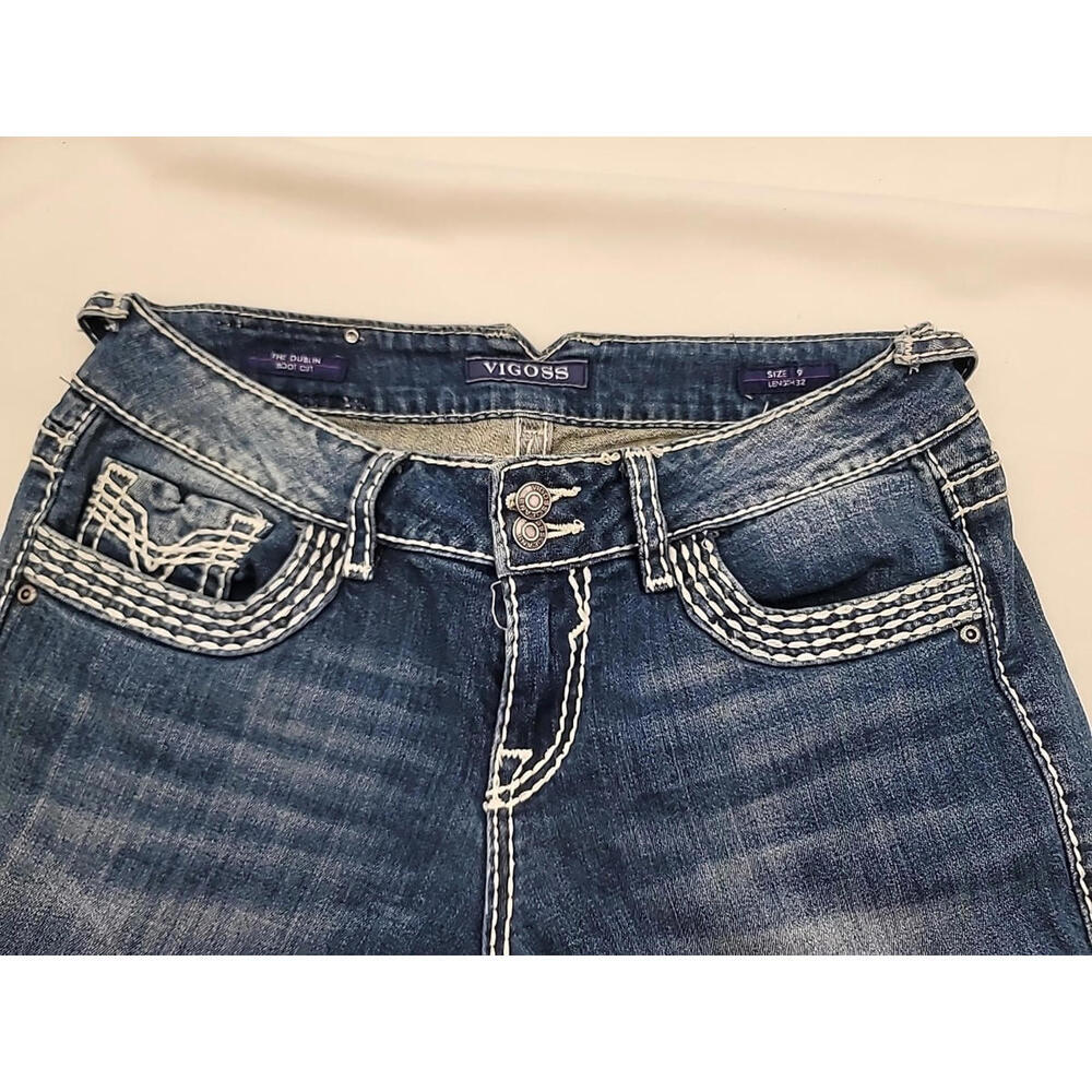 Vigoss Womens Dublin Slim Boot Size 9  length 32 Denim Blue Jeans Thick Stitch